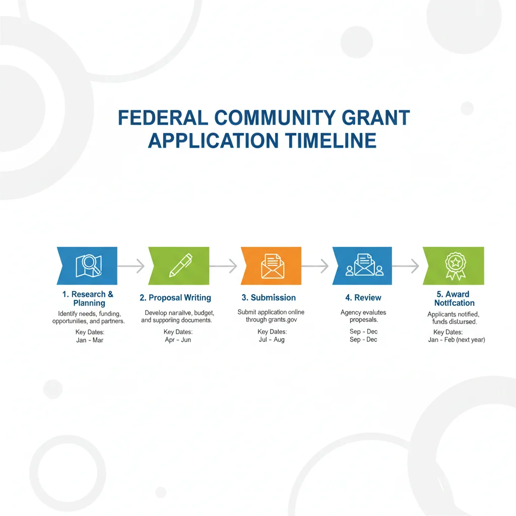 Infographic detailing the step-by-step grant application process for federal community grants, with key milestones.