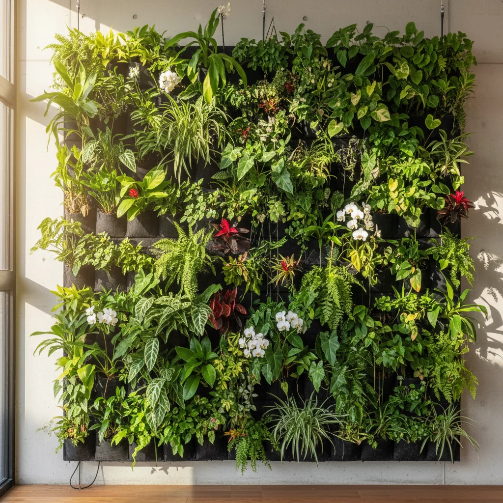 Indoor vertical garden with lush green plants, biophilic element