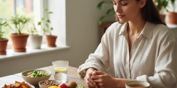 Person practicing mindful eating with a colorful, healthy meal