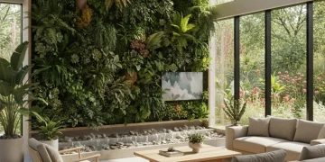 Modern living room with living wall and natural light, biophilic design