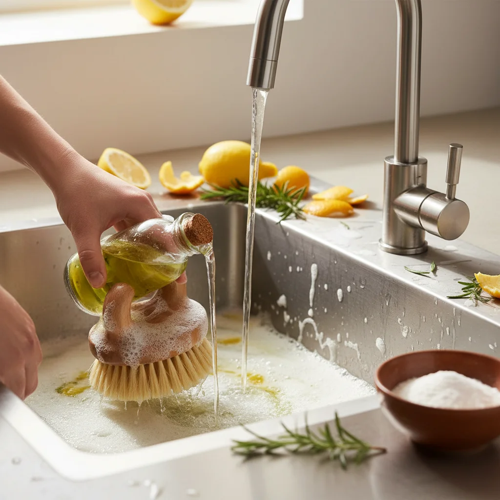 Cleaning a kitchen sink with natural solution and brush
