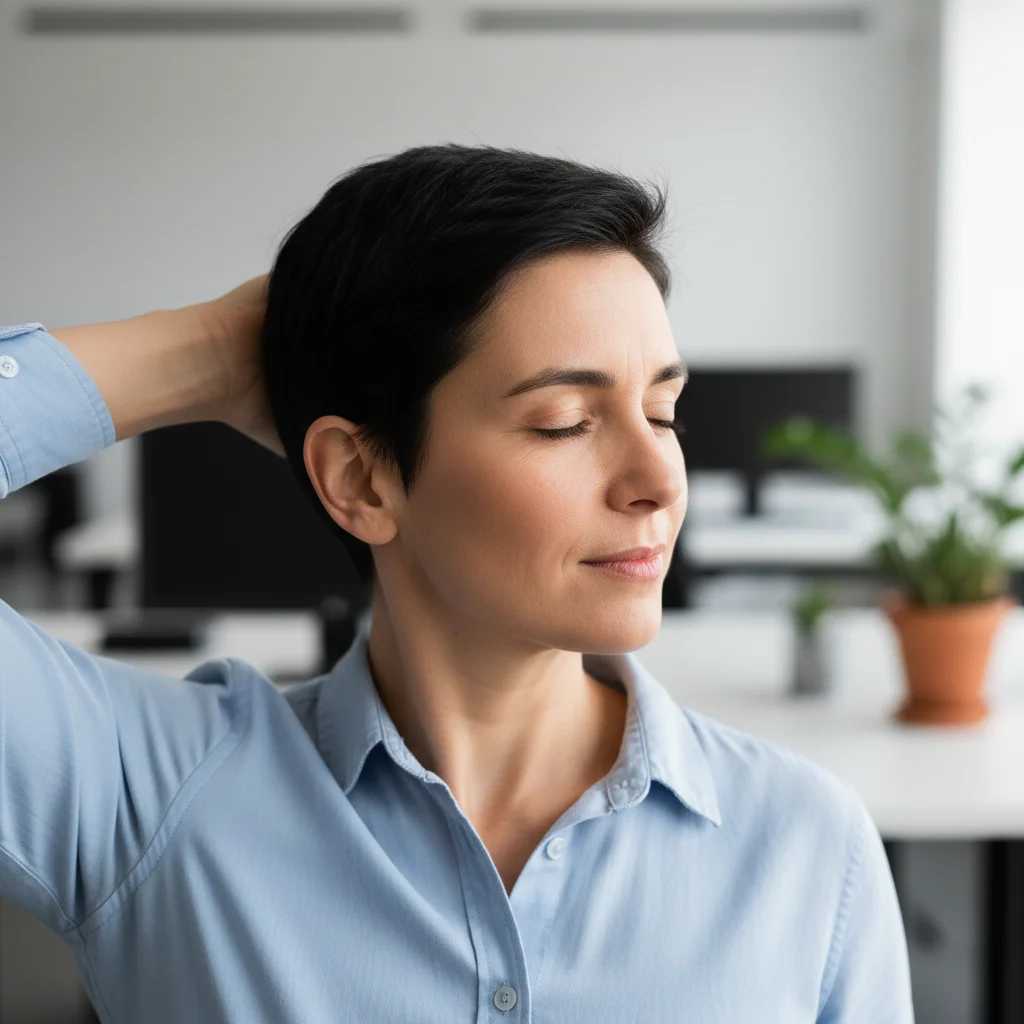 Person demonstrating a neck rotation stretch at their desk