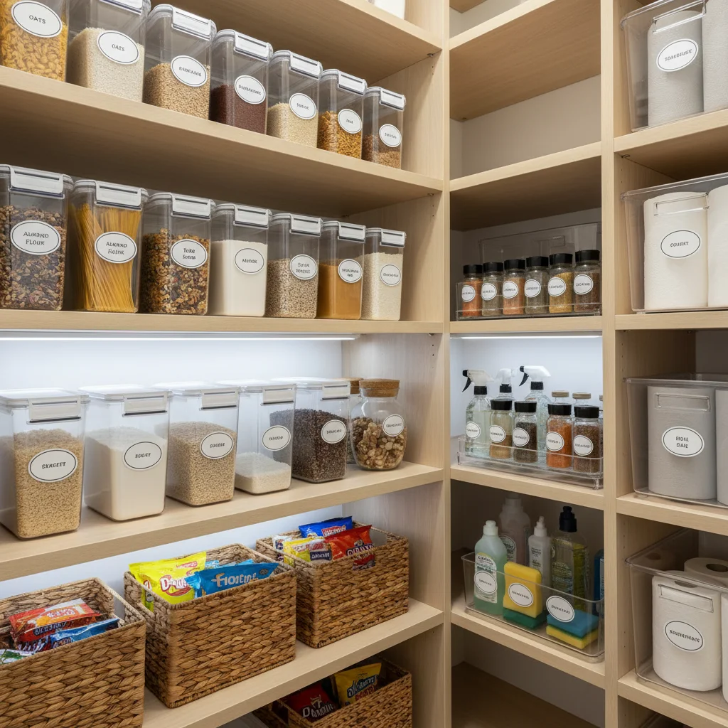 Well-organized kitchen pantry with labeled containers
