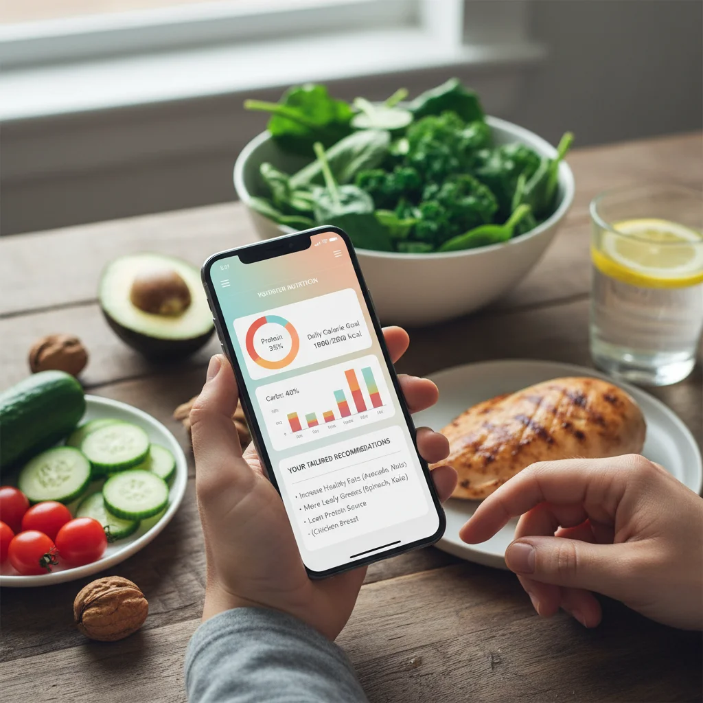 Personalized nutrition app on smartphone with healthy ingredients