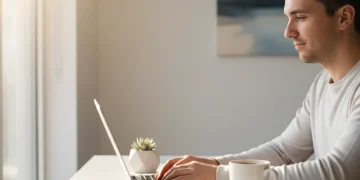 Person starting productive morning routine with laptop and coffee