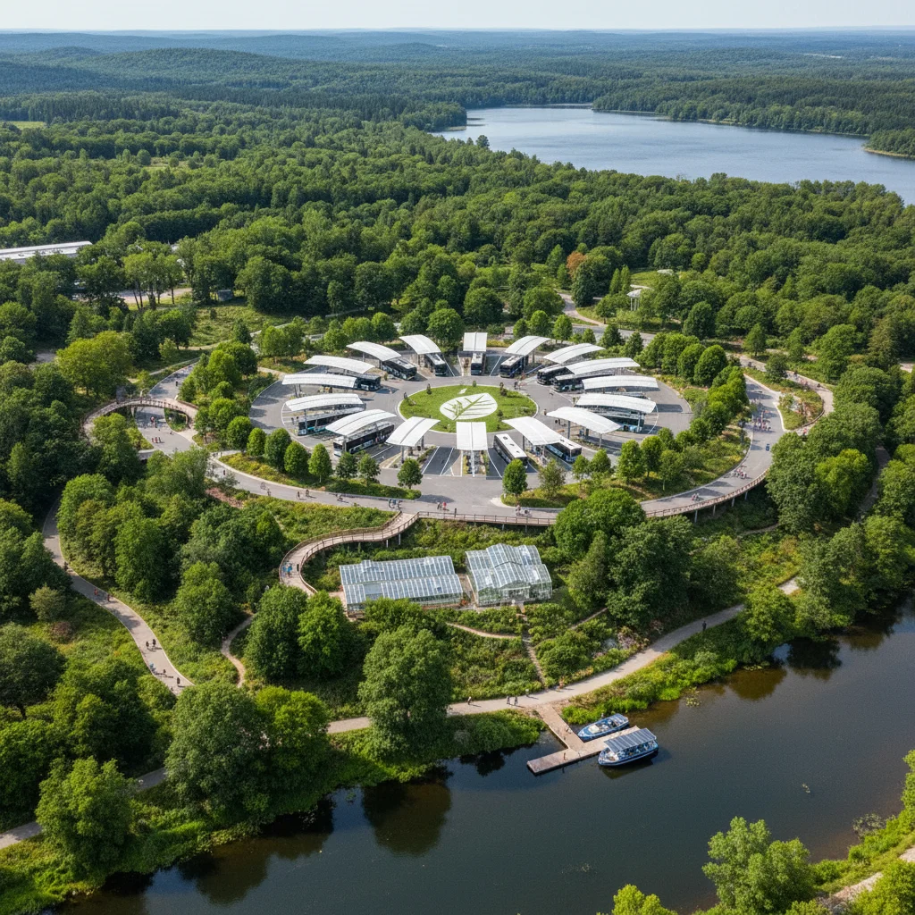 Sustainable transportation hub in a natural park for eco-friendly tourism.