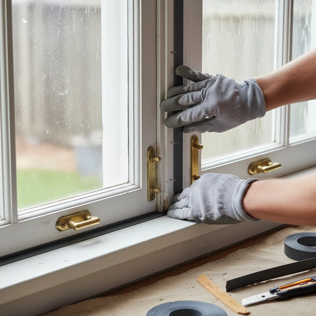 Hands applying weatherstripping to seal a window frame