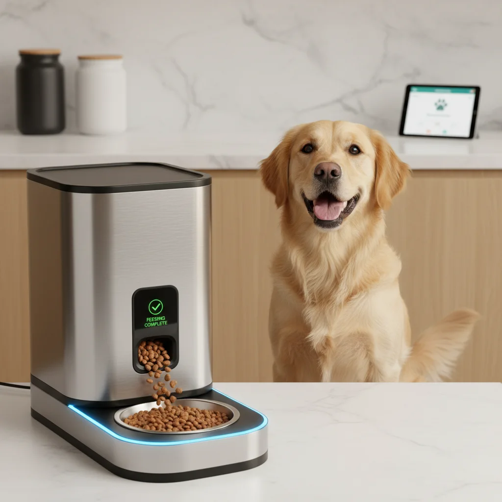 Automated smart pet feeder dispensing food for a dog