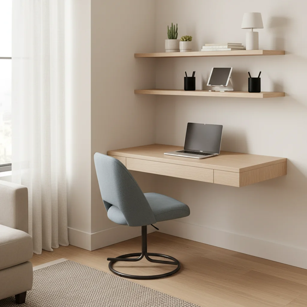 Compact and organized home office nook with wall-mounted desk and floating shelves.
