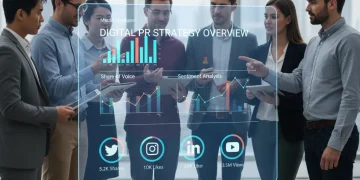Professionals collaborating on digital PR strategy with metrics and social media displays.