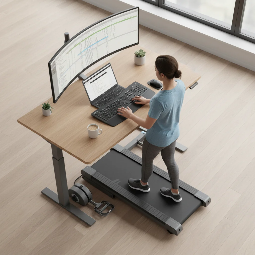 Dynamic standing desk with integrated exercise equipment for active work