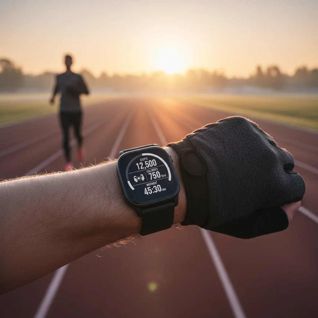 Person tracking fitness on smartwatch, outdoor running track