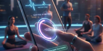 Futuristic personalized wellness app interface on smartphone, diverse users
