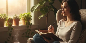 Person journaling about gratitude at sunrise, symbolizing daily reflection and peace.