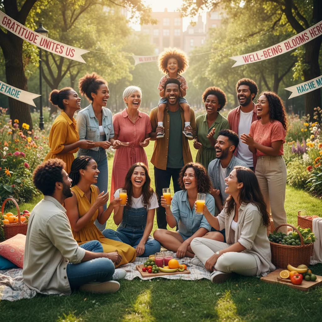 Diverse group of happy people laughing together outdoors, illustrating strong social bonds.