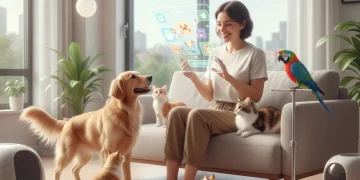Happy pet owner managing multiple pets with ease using smart technology