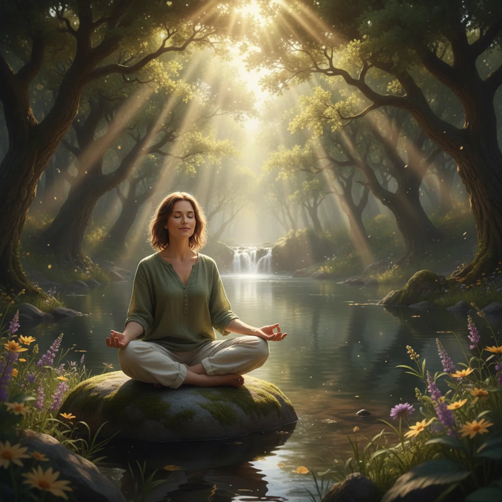 Person meditating in a peaceful forest, symbolizing mental clarity and stress reduction.