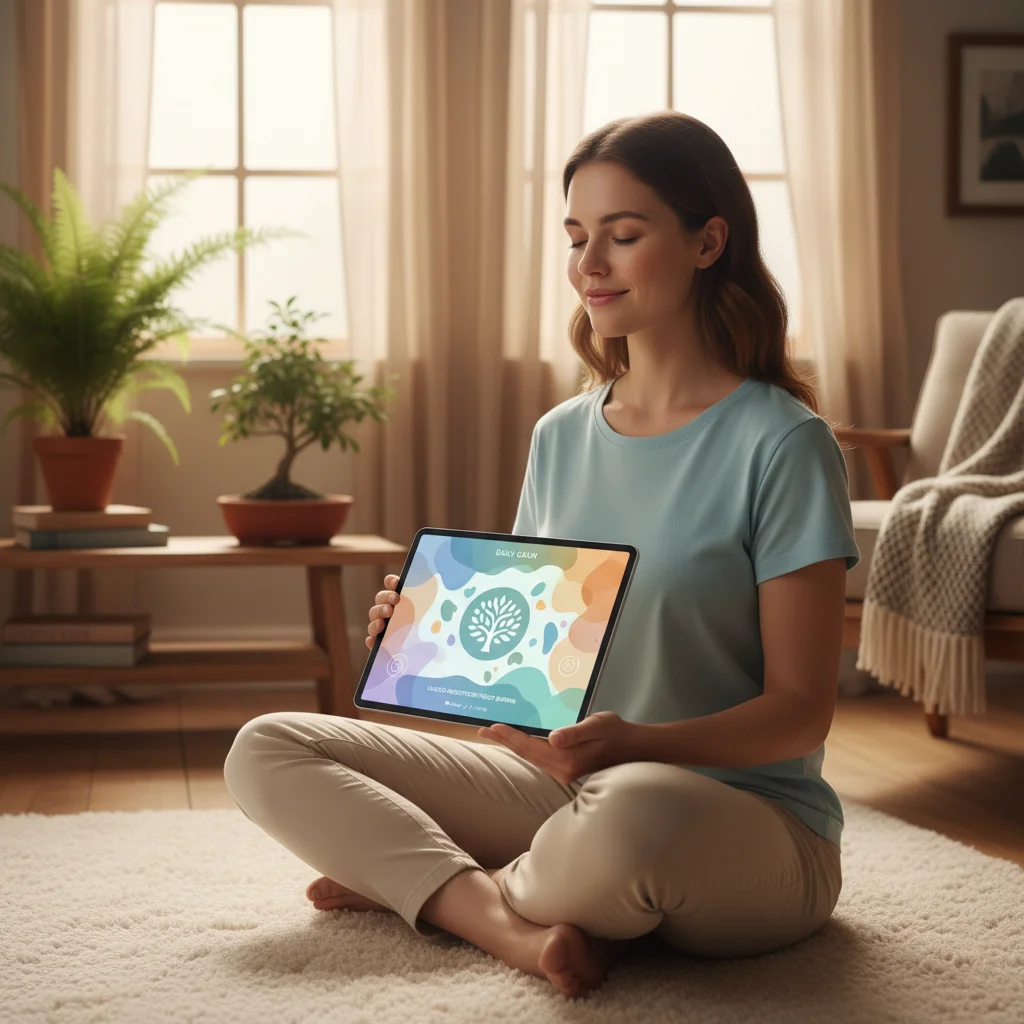 User meditating with a mindfulness app on a tablet, calm environment