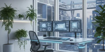 Modern ergonomic home office with smart desk and chair in 2026