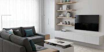 Modern living room with space-saving furniture and clever storage solutions, demonstrating effective home organization.