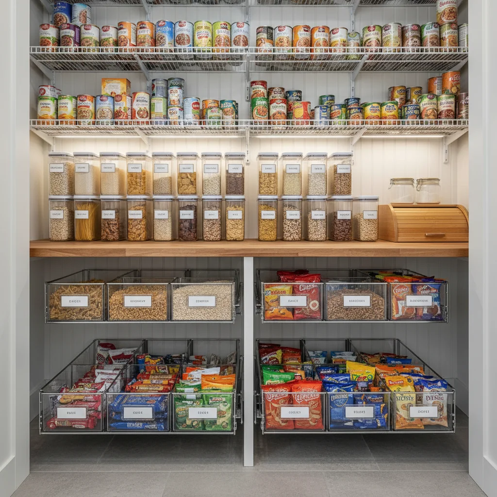 Organized kitchen pantry with clear containers and tiered shelving for efficient food storage.