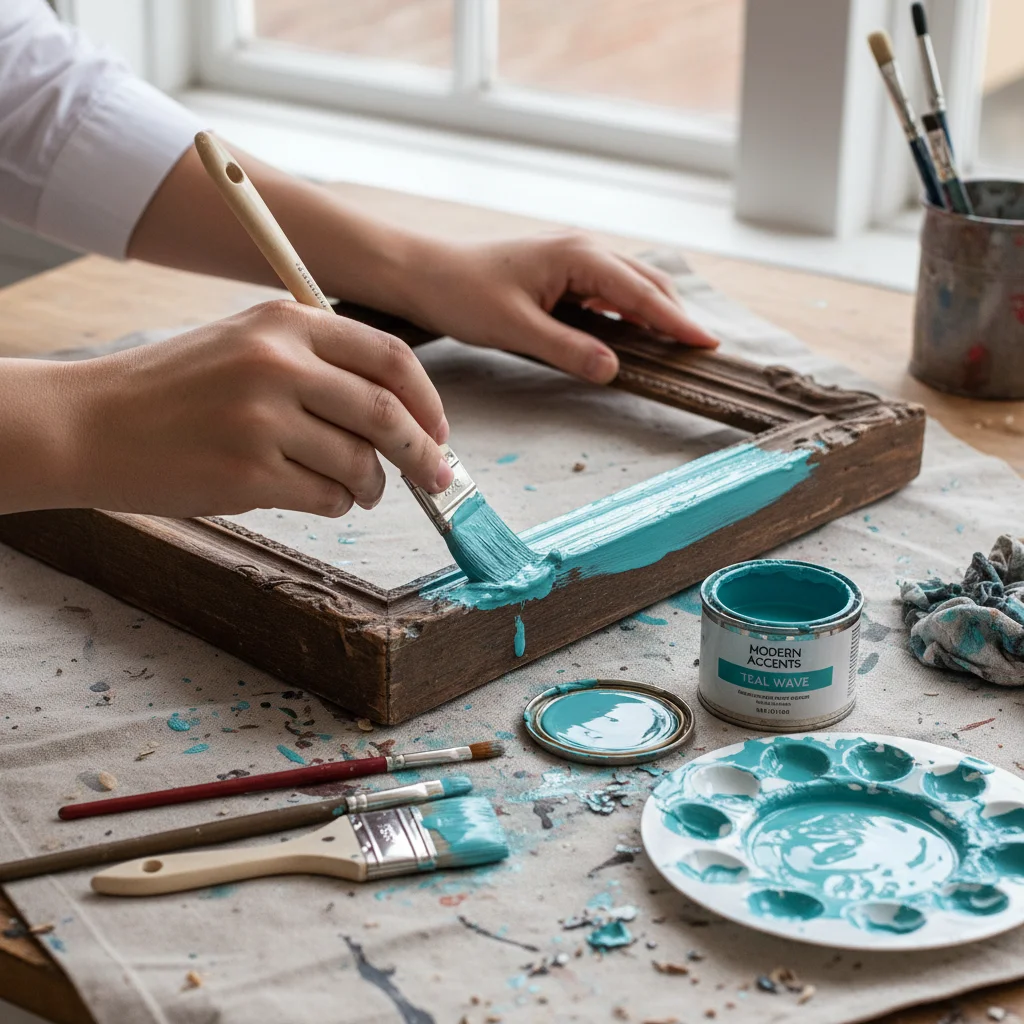 Hands painting a wooden picture frame a vibrant color, part of a DIY home refresh.