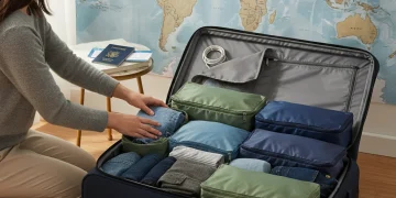 Person smartly packing suitcase with packing cubes for efficient travel