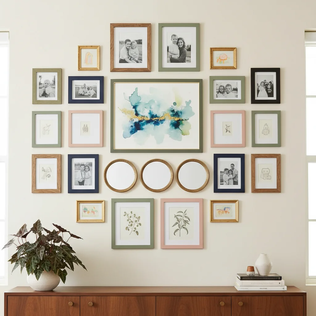 Beautifully arranged gallery wall with various frames and art, enhancing home decor.