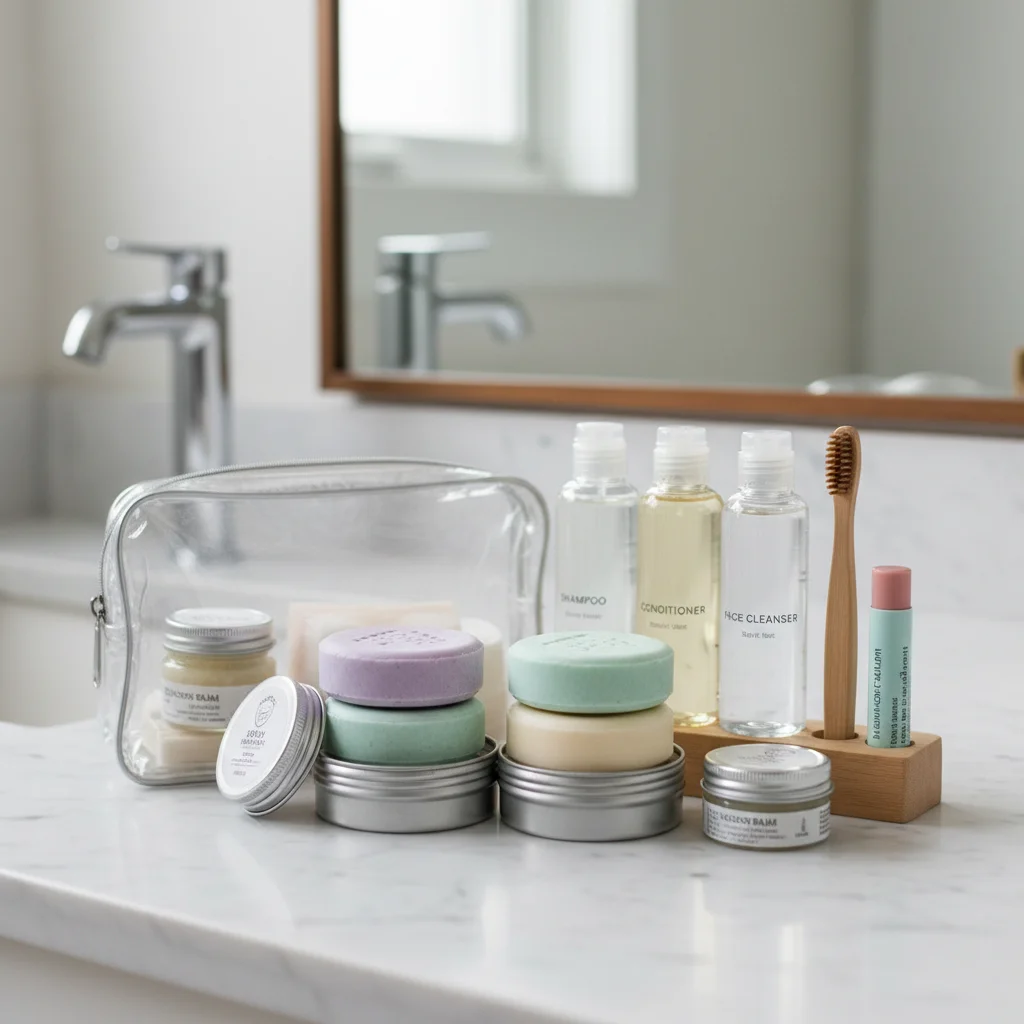 Travel-sized toiletries and solid beauty products organized for packing