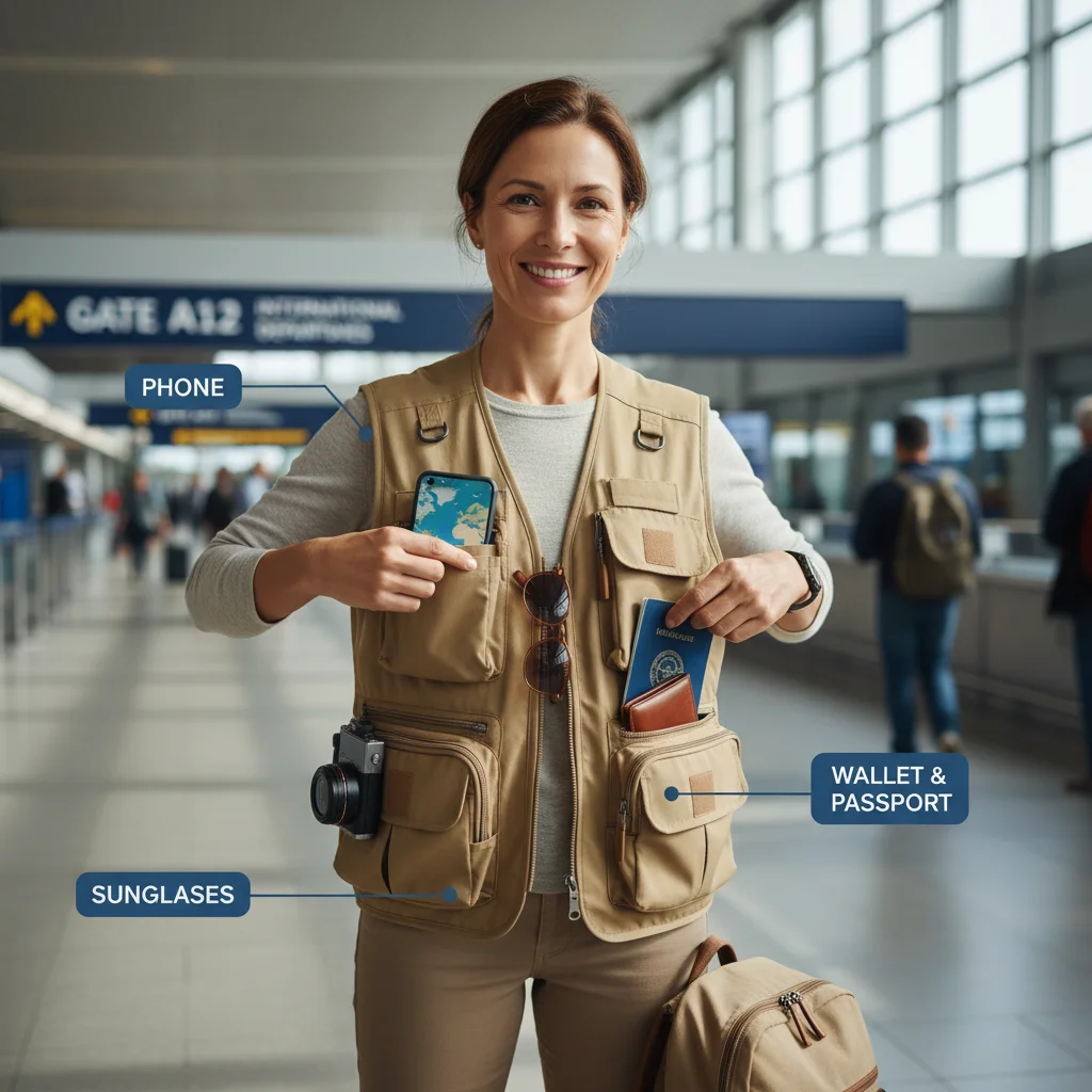 Traveler wearing multi-pocket jacket to carry essentials and reduce baggage