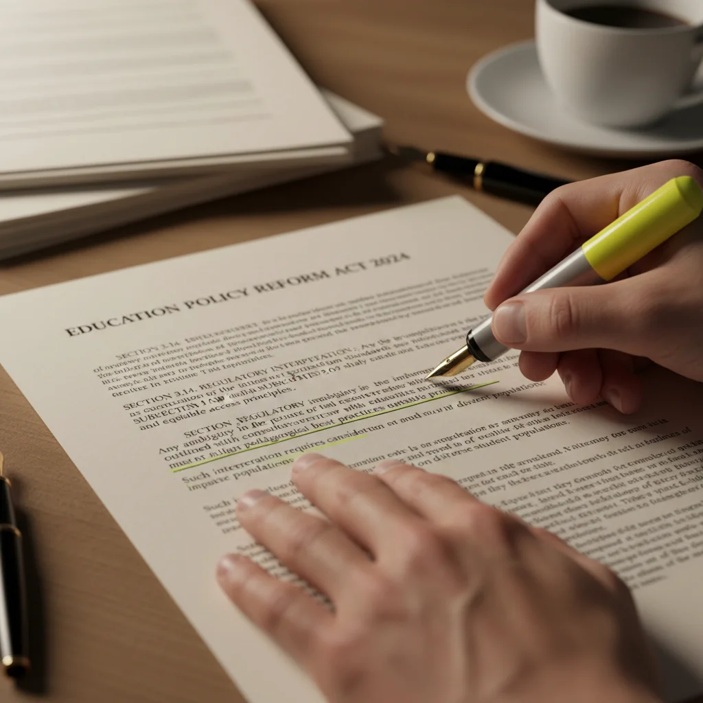Hands analyzing complex federal education policy document sections, emphasizing detailed interpretation.