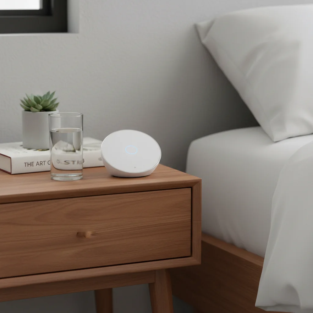 Clutter-free bedside table with sleep-enhancing items