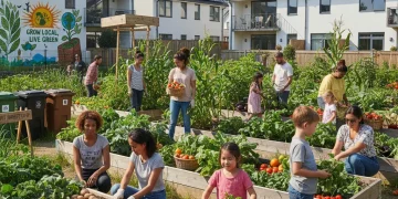 Community garden with solar panels, symbolizing local environmental initiatives.
