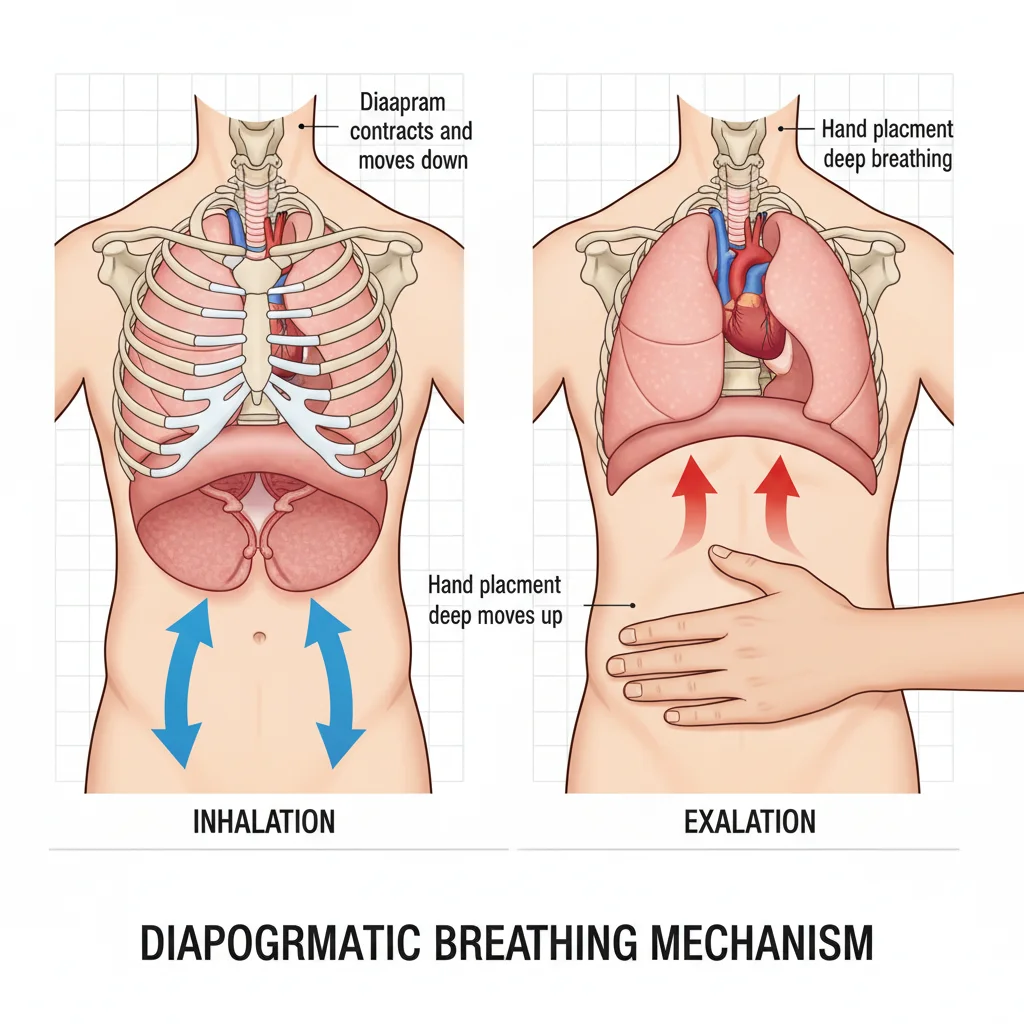 Diagram illustrating proper diaphragmatic breathing technique and diaphragm movement.