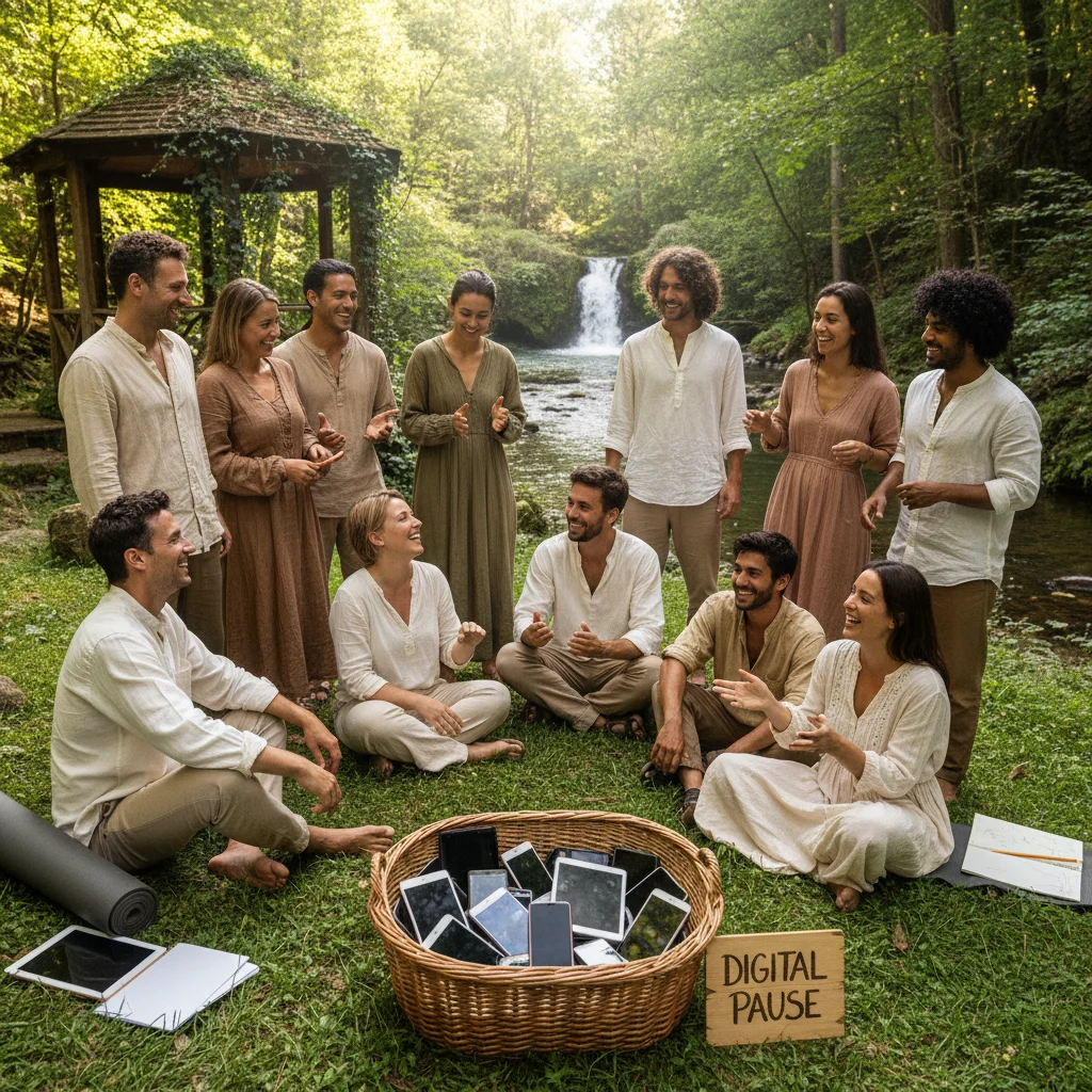 Group enjoying digital detox in nature