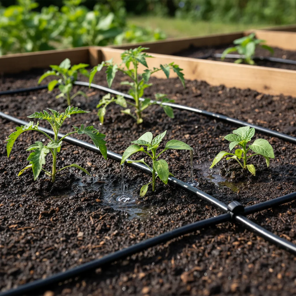 Drip irrigation system efficiently watering vegetable plants in a spring garden