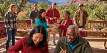 Group of travelers engaged in a cultural workshop in a US national park
