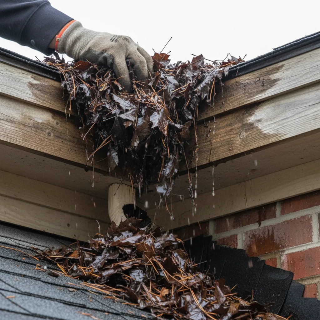 Hand cleaning clogged gutter with autumn leaves