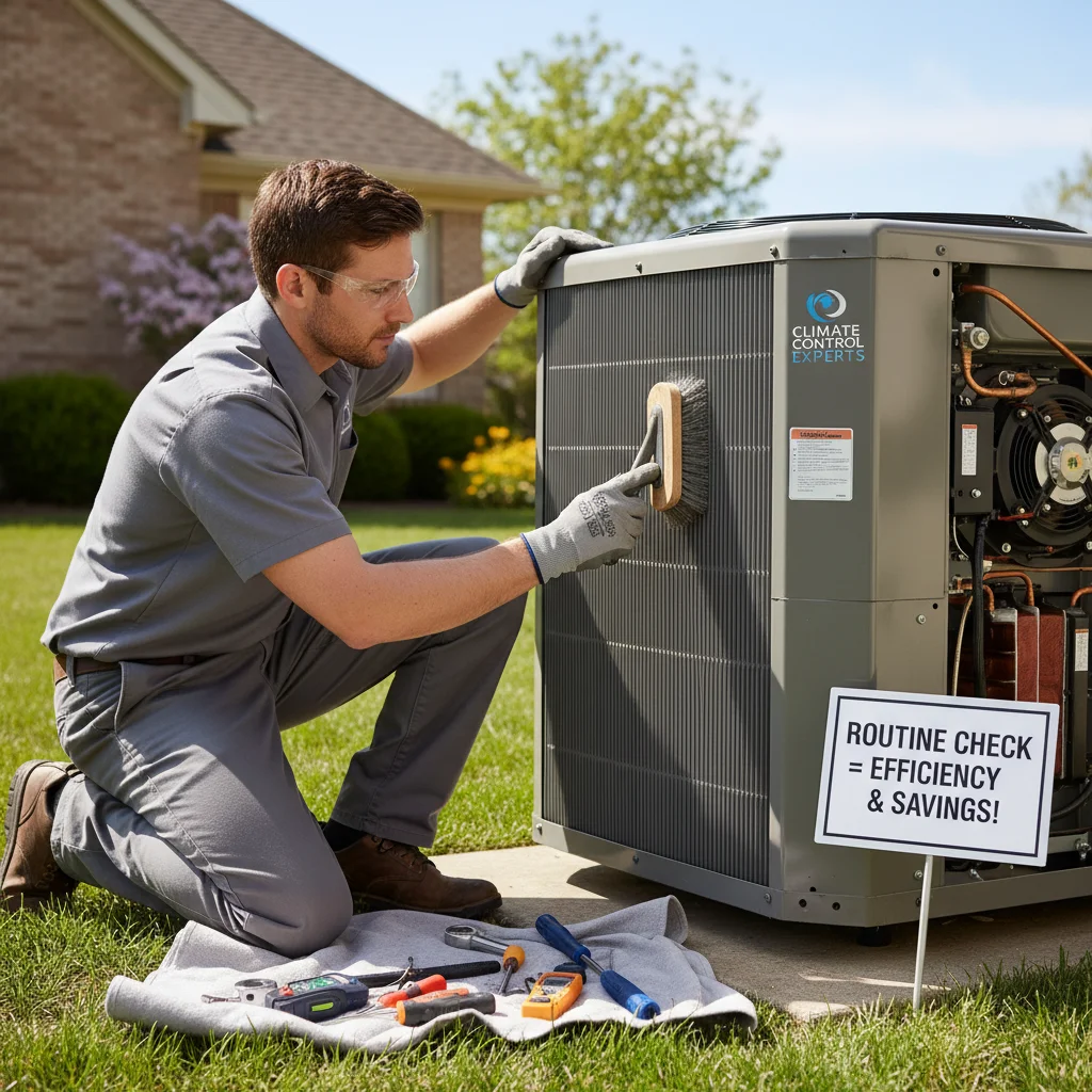 HVAC technician inspecting outdoor air conditioning unit