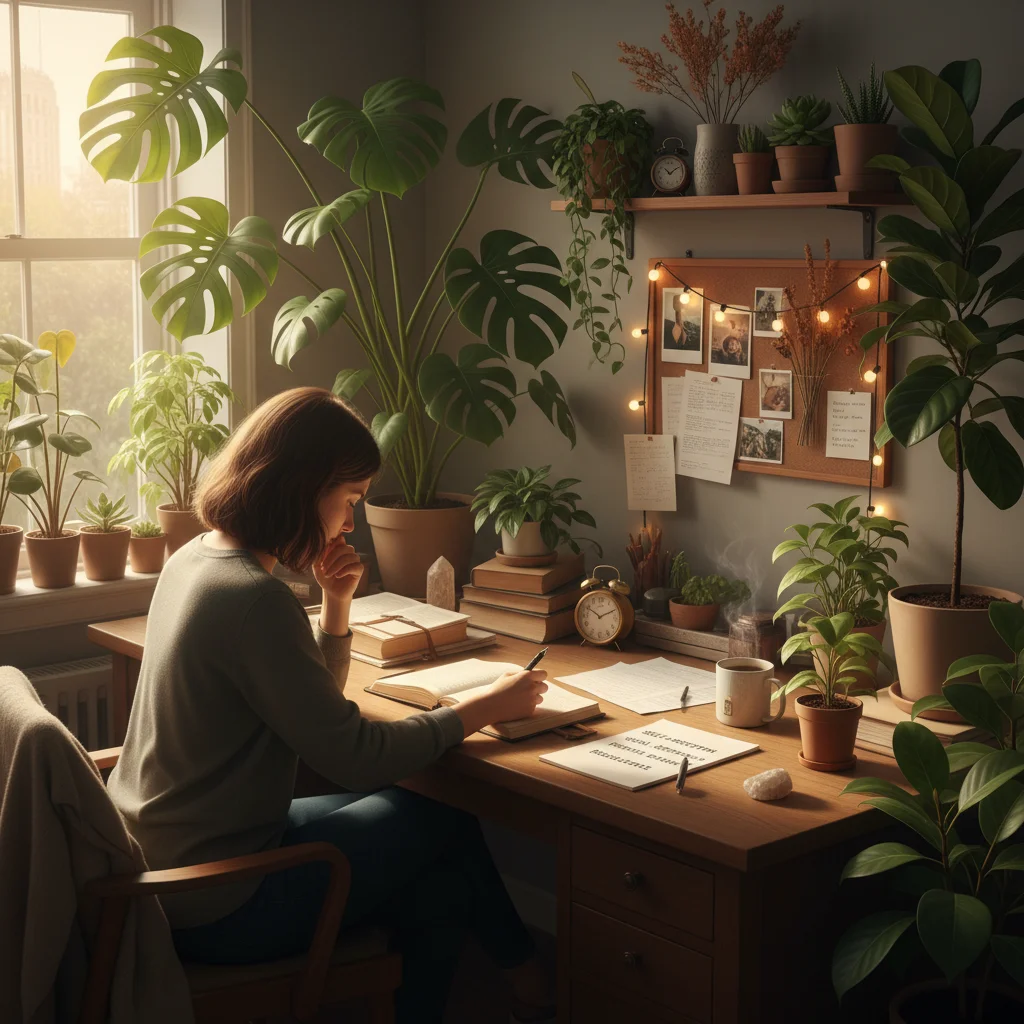 Person journaling, reflecting on thoughts for self-improvement and resilience
