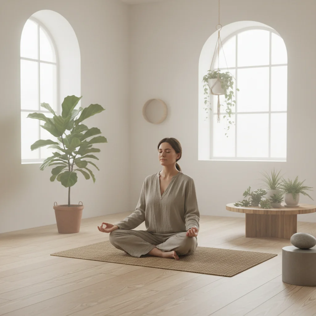 Mindful breathing practice in a serene home setting