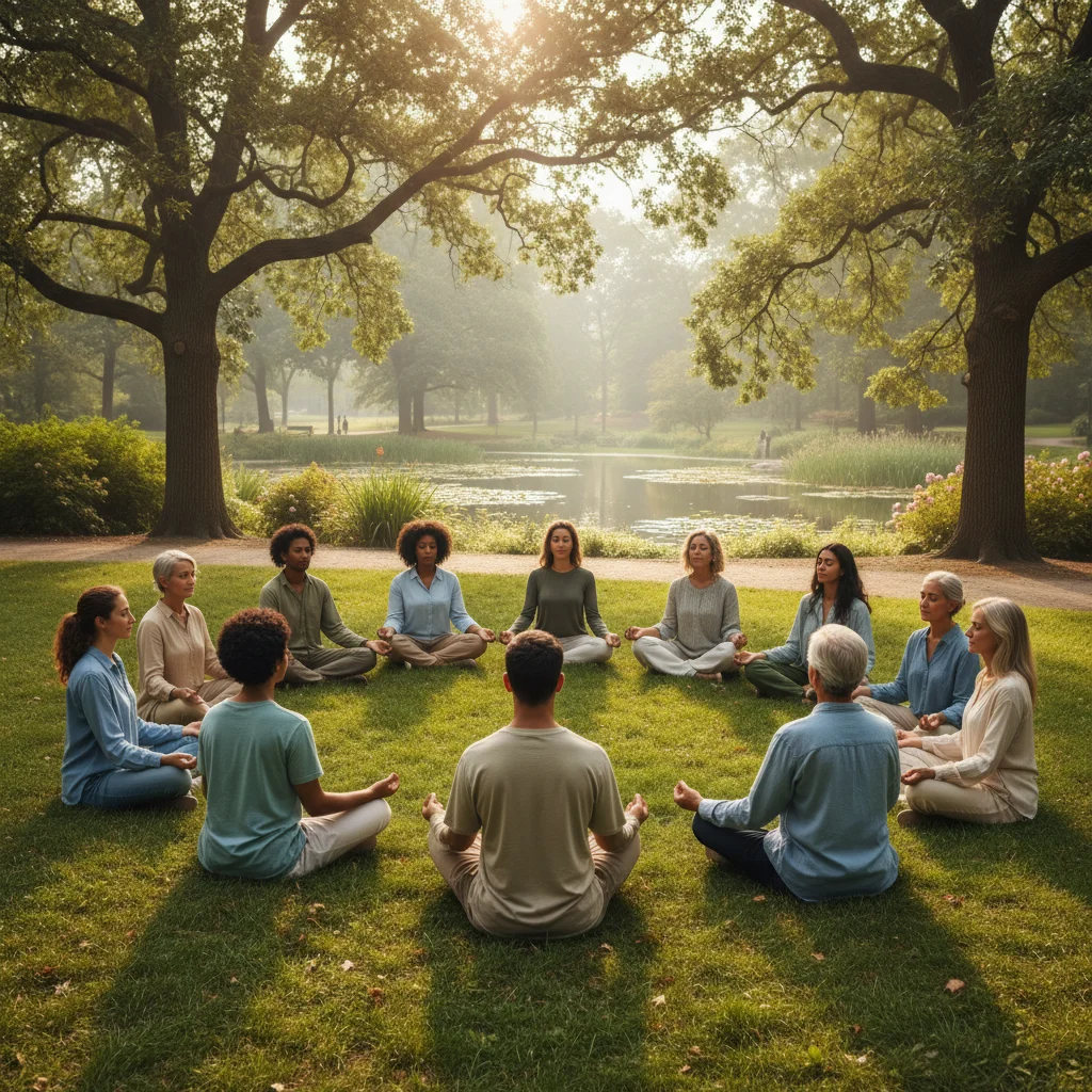 Diverse group meditating, practicing mindfulness for emotional regulation