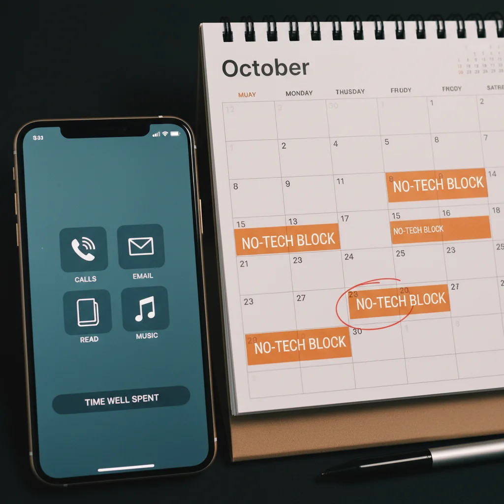 Minimalist phone screen and calendar showing planned digital breaks.