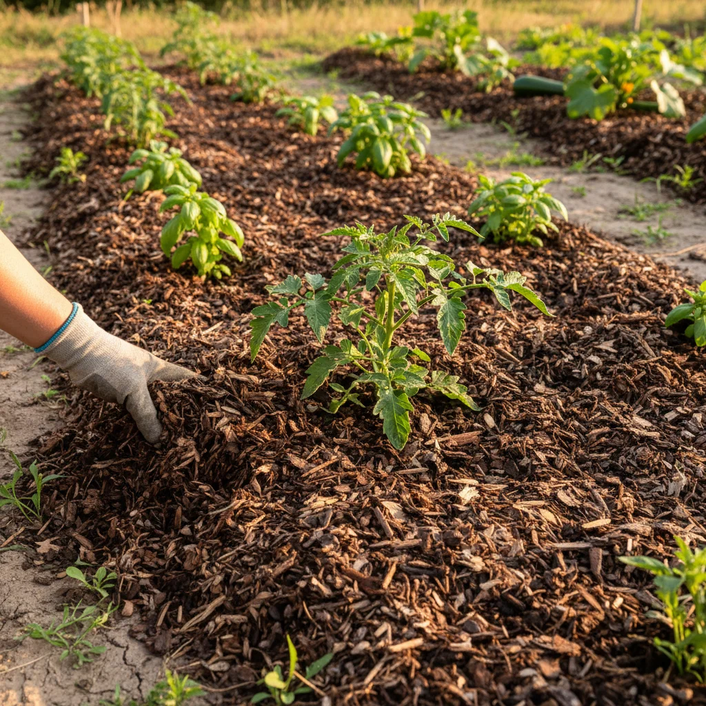 Applying organic mulch around a tomato plant in a well-maintained garden