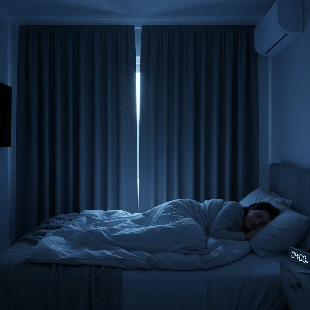 Person sleeping soundly in a dark, cool room with blackout curtains