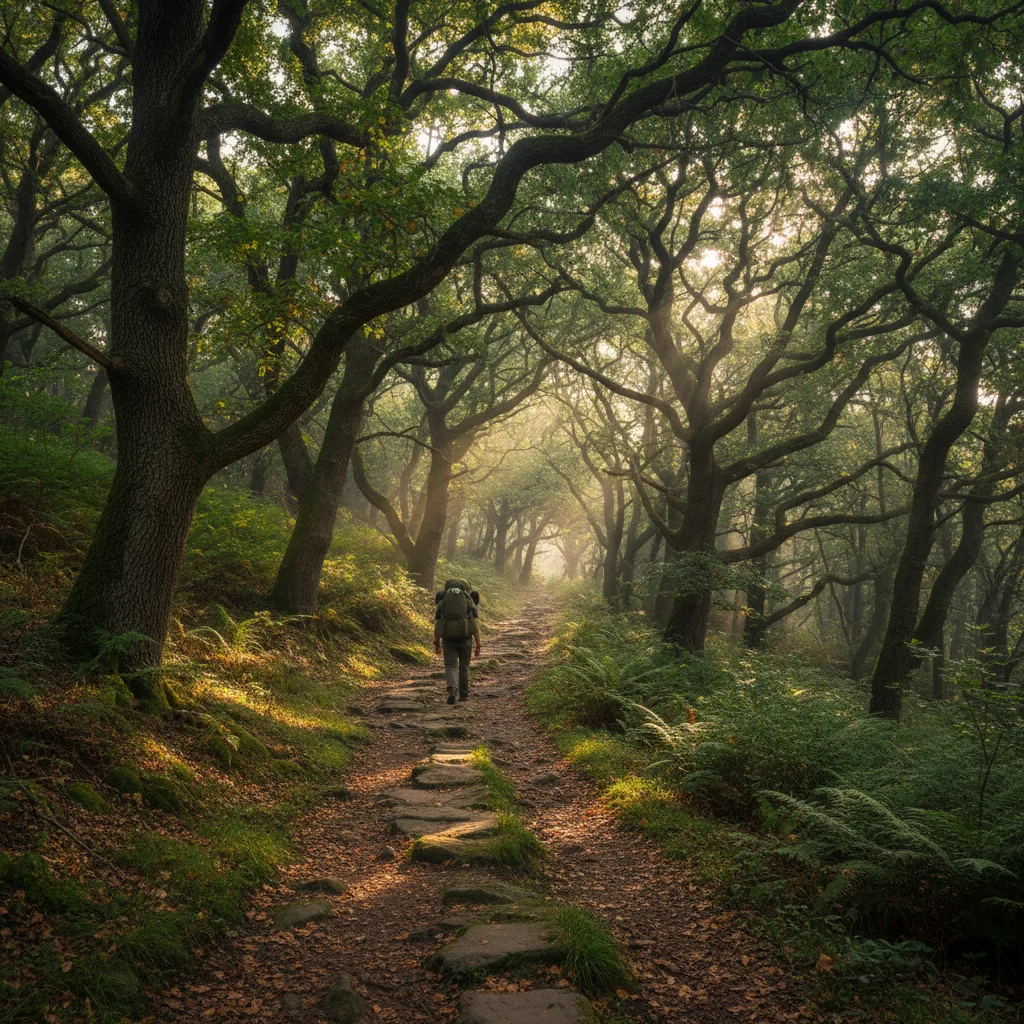 Hiker on a secluded trail in a lush forest