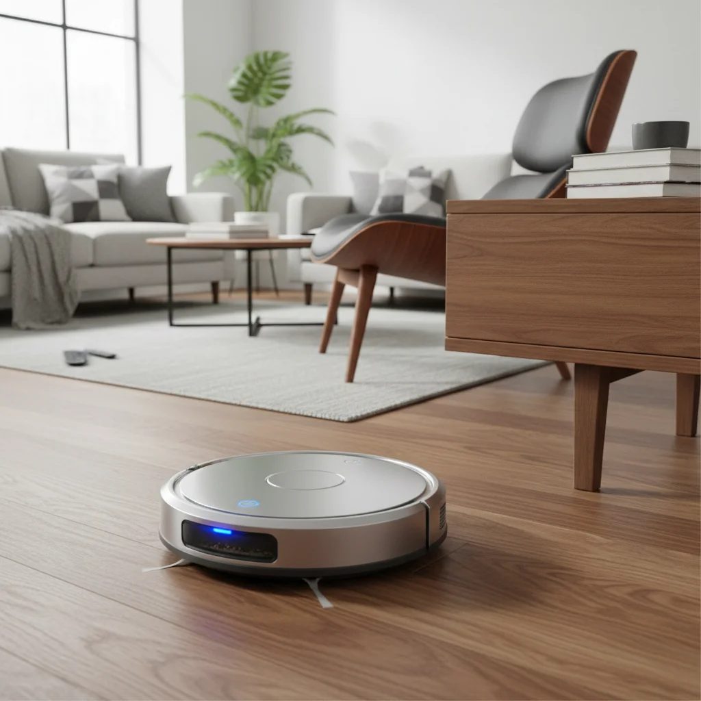 Robotic vacuum cleaner efficiently cleaning a modern living room floor