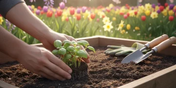 Gardener tending to thriving young plants in a raised garden bed during spring 2026
