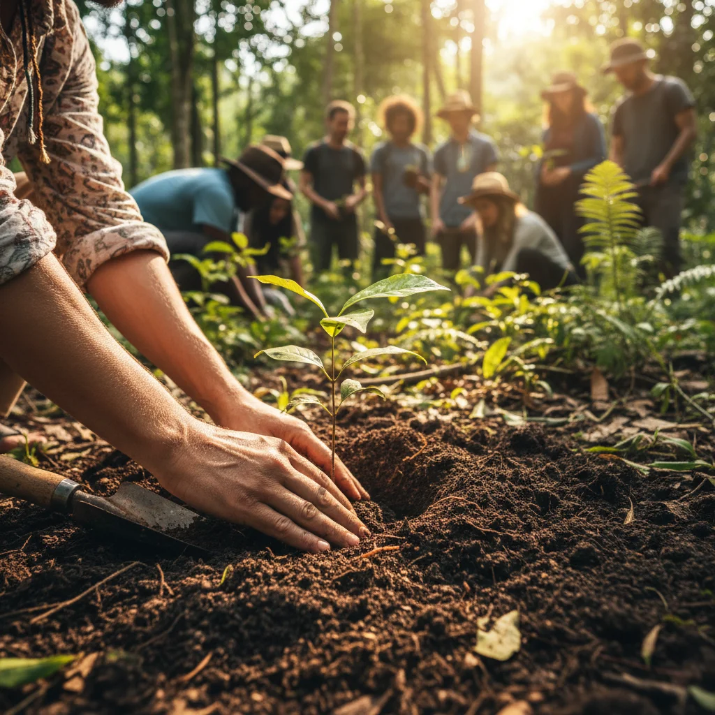 Traveler planting a sapling during a conservation project