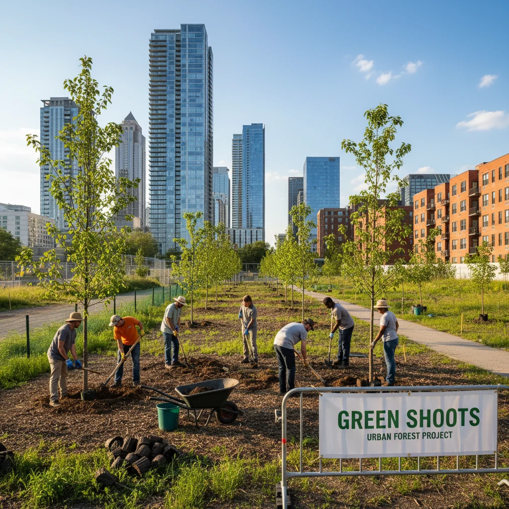 Volunteers planting trees in an urban green space.